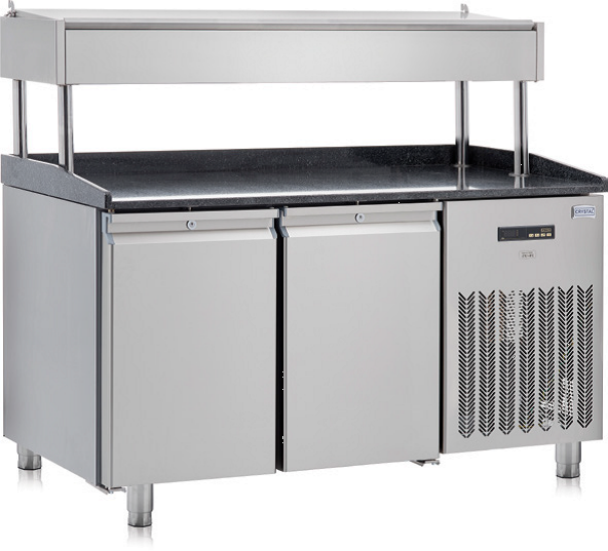 CRYSTAL Pizzatisch mit Kühlaufsatzvitrine 9 x GN 1/3 3 Türen
