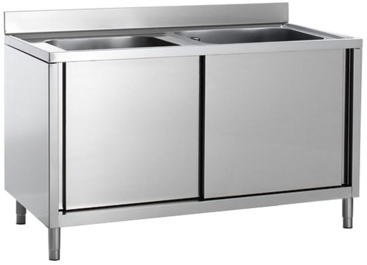 Edelstahl Spültisch 120 x 70 cm, 2 Becken, Schrank und Türen