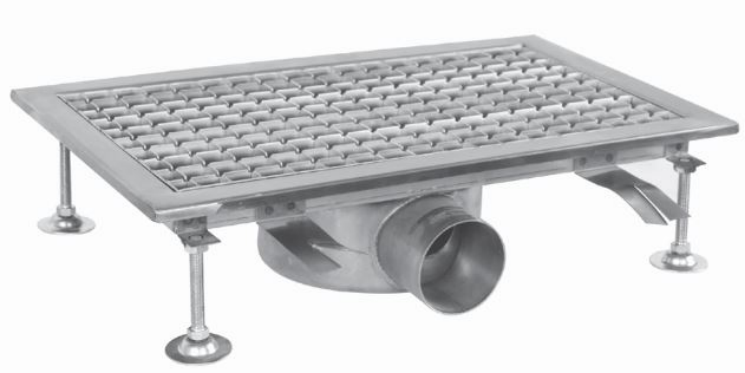 Edelstahl Bodenablauf 300x300mm flache Ausführung mit  seitlichem Ablauf - Ø 70mm