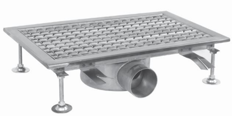 Edelstahl Bodenablauf 500x300mm flache Ausführung mit  seitlichem Ablauf - Ø 70mm